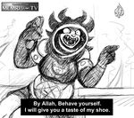  angry big_breasts black_and_white breasts clothing demon dialogue english_text female footwear hladilnik horn monochrome open_mouth parody pentagram pointing sharp_teeth shay_(hladilnik) shoes sitting solo teeth text 