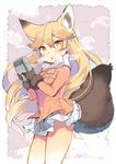  animal_ears black_gloves blonde_hair blush bow cowboy_shot ezo_red_fox_(kemono_friends) fox_ears fox_tail fur_trim game_boy gloves hair_between_eyes handheld_game_console holding holding_handheld_game_console jacket kemono_friends kibii_mocha long_hair miniskirt orange_jacket simple_background skirt solo standing tail white_bow white_skirt yellow_eyes 