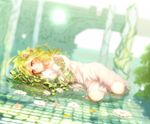  blonde_hair brown_eyes dress flower hair_flower hair_ornament long_hair looking_at_viewer lying on_side shironeko_project solo unier water 