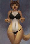  2016 anthro bra breasts brown_fur brown_hair canine claws clothed clothing efudek female fur grey_background hair long_hair mammal navel open_mouth simple_background solo teeth tongue tongue_out underwear white_fur wide_hips 