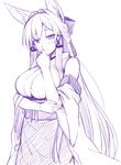  animal_ears bangs blush breasts closed_mouth commentary_request detached_sleeves eyebrows_visible_through_hair fox_ears fox_girl hair_between_eyes hair_intakes hair_ribbon hand_up large_breasts long_hair looking_at_viewer monochrome nontraditional_miko original purple ribbon sidelocks simple_background sketch smile solo tamamo_(yagi) upper_body wide_sleeves yagi_(ningen) 