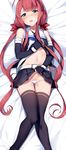  black_legwear blue_eyes blush commentary_request elbow_gloves fingerless_gloves gloves hair_ribbon kantai_collection kawakaze_(kantai_collection) knees_together_feet_apart long_hair lying navel nose_blush on_back open_mouth orihi_chihiro panties panty_pull pleated_skirt red_hair ribbon sailor_collar shirt_lift skirt skirt_lift solo thighhighs underwear white_panties 