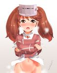  :o bangs blush bottomless breath brown_eyes brown_hair clothes_lift crossed_arms groin japanese_clothes kantai_collection kariginu lifted_by_self long_hair long_sleeves looking_at_viewer magatama mushi_gyouza open_mouth out-of-frame_censoring revision ribbon ribbon-trimmed_sleeves ribbon_trim ryuujou_(kantai_collection) shirt shirt_lift solo sweat tareme translation_request trembling twintails upper_body visor_cap white_ribbon white_shirt 