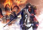 absurdres architecture armor breath brown_hair chainmail cloud dragon east_asian_architecture fire headband highres horse horseback_riding japanese_armor kulicat long_hair looking_at_viewer male_focus original reins riding serious sword weapon white_horse 