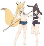  :d :o animal_ears bangs bare_legs barefoot bikini black_hair black_ribbon blonde_hair blue_swimsuit blush breasts bunny_ears bunny_girl bunny_tail character_name criss-cross_halter denim denim_shorts dual_wielding eyebrows_visible_through_hair fang fork fox_ears fox_tail full_body goggles goggles_around_neck green_eyes hair_between_eyes hair_ribbon halter_top halterneck holding holding_fork legs long_hair looking_at_viewer midriff multiple_girls name_tag navel open_clothes open_mouth open_shorts original parted_lips polearm ponytail red_eyes ribbon school_swimsuit short_shorts shorts side-tie_bikini sidelocks simple_background small_breasts smile standing standing_on_one_leg swimsuit tail tamakagura_inari trident tsukune_(yagi) twintails weapon white_background white_bikini yagi_(ningen) 