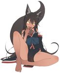  animal_ears bangs barefoot black_hair breasts commentary_request detached_sleeves eyebrows_visible_through_hair fangs finger_licking fox_ears fox_girl fox_tail full_body hair_between_eyes hand_up japanese_clothes licking long_hair looking_at_viewer open_mouth original pelvic_curtain simple_background sitting small_breasts solo tail tamakagura_tatari tan tongue very_long_hair white_background yagi_(ningen) yellow_eyes 