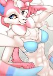  2017 anthro armpits ballistic-cottontail blue_eyes bottomless bra breasts clothed clothing eeveelution english_text female fur hi_res looking_at_viewer navel nintendo pink_fur pok&eacute;mon pok&eacute;morph ribbons signature smile solo sylveon tan_fur text tuft underwear video_games 
