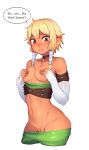  1girl absurdres arm_belt blonde_hair blush breasts brown_choker brown_eyes choker covering_nipples cowboy_shot crotch_seam dark_skin ear_blush elf english_text eyebrows_visible_through_hair fingerless_gloves gloves green_pants green_shirt hair_tubes highres looking_at_viewer medium_breasts navel nil_sunna nose_blush open_mouth original pants pants_pull pointy_ears pussy shirt short_hair_with_long_locks simple_background solo speech_bubble stomach strapless sunna_(nilsunna) sweatdrop top_pull tubetop uncensored wavy_mouth white_background white_gloves 