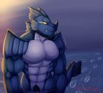  anthro clothed clothing dragon glowing glowing_eyes male muscular primodrago pubes solo standing topless wings 