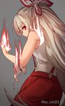  bangs big_hair blurry burnt_clothes clenched_hand covered_mouth depth_of_field fire fujiwara_no_mokou grey_background hair_ribbon highres long_hair mikami_yuuki_(nl8you) platinum_blonde_hair profile red_eyes ribbon shiny shiny_skin simple_background solo touhou very_long_hair 