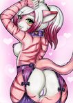  &lt;3 2017 anthro anus areola armpits big_butt blush breasts butt clothed clothing collar eberry english_text feline female fur garter_straps green_eyes hair kira_(kirakitten) long_hair looking_at_viewer looking_back mammal nipple_piercing nipples partially_clothed piercing pink_background pink_fur ponytail purple_hair purple_nipples purple_nose purple_pussy pussy raised_arm raised_tail rear_view red_eyes red_fur side_boob signature simple_background smile solo teeth text traditional_media_(artwork) white_fur white_hair wide_hips 