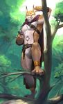  2017 anklet anthro armor armpits belt better_version_at_source blue_eyes bulge cape claws clothing feline gesture jewelry leaning looking_at_viewer lynx male mammal markings muscular pecs penis shoulder_guard smile solo tongue translucent transparent_clothing tree underwear vu06 wet_underwear 