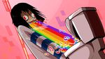  &gt;:o 16:9_aspect_ratio 1girl animated animated_gif black_hair blue_stripes flashing_background long_sleeves rainbow rainbow_vomit shirt solo striped striped_shirt toilet toilet_use upper_body vomit vomiting white_shirt 