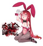  absurdres animal_ears arm_up bare_shoulders black_legwear blush bow bowtie breasts bunny_ears bunnysuit cleavage crimson_avenger_(elsword) cup detached_collar drinking_glass elesis_(elsword) elsword glass gloves heart heart-shaped_pupils high_heels highres leotard leotard_pull long_hair morino_donguri open_mouth pantyhose pouring red_eyes red_hair red_leotard ribbon shoes sitting small_breasts solo strapless strapless_leotard symbol-shaped_pupils tongue very_long_hair wrist_cuffs 