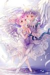  1girl bad_id bad_pixiv_id barefoot bishoujo_senshi_sailor_moon blush bow chibi_usa couple double_bun dress eyelashes feathered_wings forehead_jewel full_body helios_(sailor_moon) hetero highres holding_hands horn looking_at_another mullpull pants pink_hair red_eyes see-through shirt shoes short_hair signature silver_hair small_lady_serenity twintails white_bow white_dress white_footwear white_pants white_shirt white_wings wings yellow_eyes 