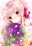  animal_ears bad_id bad_pixiv_id bangs blush bouquet cat_ears close-up eyebrows_visible_through_hair floral_background flower frilled_kimono frills holding holding_bouquet japanese_clothes kimono long_hair looking_at_viewer nanase_kureha nanase_nao original parted_lips pink_hair pink_kimono portrait purple_flower solo upper_body white_flower yellow_eyes 