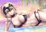  1girl ahoge bangs bare_arms bare_shoulders beach bikini bikini_tug black_bikini blush breasts cleavage collarbone eyebrows_visible_through_hair fate/apocrypha fate/grand_order fate_(series) front-tie_bikini front-tie_top halter_top halterneck headpiece highres jeanne_d&#039;arc_(alter)_(fate) jeanne_d&#039;arc_(fate)_(all) large_breasts looking_at_viewer lying nasaniliu navel ocean on_side outdoors palm_tree parted_lips partially_submerged short_hair side-tie_bikini silver_hair skindentation smile solo sparkle stomach sunset swimsuit tree tsurime wet yellow_eyes 