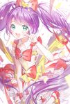  artist_name bangs blurry blush bow collarbone confetti depth_of_field detached_collar eyebrows_visible_through_hair flat_chest gomzi green_eyes hair_bow hair_ornament hand_up heart heart_hair_ornament long_hair looking_at_viewer manaka_lala open_mouth petticoat pretty_(series) pripara purple_hair red_bow red_footwear red_skirt shoes signature skirt smile solo standing standing_on_one_leg striped swept_bangs teeth treble_clef v vertical-striped_skirt vertical_stripes very_long_hair white_background white_legwear 
