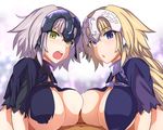  2girls blonde_hair braid breasts capelet chain collar dual_persona fate/apocrypha fate/grand_order fate_(series) ffm_threesome group_sex headpiece isemagu jeanne_d'arc_(alter)_(fate) jeanne_d'arc_(fate) jeanne_d'arc_(fate)_(all) large_breasts long_hair looking_at_viewer multiple_girls multiple_paizuri open_mouth paizuri penis purple_eyes short_hair silver_hair threesome yellow_eyes 