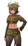  &gt;:) abs absurdres animal_ears arm_at_side aurochs_(kemono_friends) backlighting bangs black_legwear breasts brown_eyes brown_hair camouflage camouflage_shirt camouflage_skirt clenched_hand closed_mouth collared_shirt cow_ears cow_girl cow_horns cow_tail cowboy_shot dark_green_hair dark_skin eyebrows_visible_through_hair eyelashes gradient_hair green_hair green_shirt green_skirt hand_on_hip highres horns itou_yuuji kemono_friends large_breasts layered_clothing legs_apart long_sleeves looking_at_viewer midriff multicolored_hair navel necktie orange_neckwear pantyhose shiny shiny_hair shiny_skin shirt short_hair short_sleeves side_slit simple_background skirt smile smirk solo standing stomach tail thick_thighs thighs toned tsurime v-shaped_eyebrows white_background 