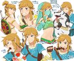  adonis_belt alternate_costume alternate_hairstyle apple bad_id bad_pixiv_id bandeau blush brown_hair cold commentary_request crossdressing food fruit gerudo_link grin high_ponytail link link_(wolf) long_sleeves male_focus midriff multiple_persona multiple_views mushroom navel open_mouth otoko_no_ko partially_translated pointy_ears riko_(sorube) shield skewer smile the_legend_of_zelda the_legend_of_zelda:_breath_of_the_wild tongue tongue_out translation_request trembling wolf 