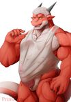  animal_genitalia anthro dragon erection genital_slit hair horn looking_at_viewer male muscular open_mouth penis penis_under_shirt primodrago slit solo tapering_penis wet 