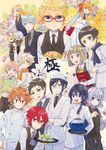  &gt;:) :d :o ahoge akita_toushirou apron aqua_hair atsushi_toushirou black_gloves black_hair blonde_hair blue_eyes bow bowl brown_eyes brown_hair chef_uniform chopsticks flower gloves gokotai gotou_toushirou grey_eyes hair_bow hakata_toushirou hirano_toushirou honebami_toushirou houchou_toushirou ichigo_hitofuri japanese_clothes maeda_toushirou male_focus menu midare_toushirou multiple_boys nakigitsune nakigitsune's_fox namazuo_toushirou necktie open_mouth otoko_no_ko pink_hair ponytail purple_eyes red_hair satoko_(papapa_sikakici) shinano_toushirou smile touken_ranbu translation_request tray v-shaped_eyebrows waistcoat waiter waitress white_hair yagen_toushirou yellow_eyes 