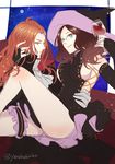 1boy 1girl blue_eyes breasts brown_hair coat cravat detached_sleeves dress fate/grand_order fate_(series) frills glasses gloves green_eyes hat leonardo_da_vinci_(fate/grand_order) long_hair open_mouth pants red_hair romani_akiman sideboob smile suit wine witch_hat 