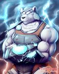  anthro armor bear clothed clothing crossed_arms glowing glowing_eyes lightning male mammal muscular polar_bear primodrago smile solo 