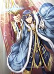  blue_eyes blue_footwear blue_hair blue_robe boots carpet circlet coat company_name cravat falchion_(fire_emblem) fire_emblem fire_emblem:_kakusei fire_emblem_cipher glowing glowing_sword glowing_weapon holding holding_sword holding_weapon insignia krom light_smile long_coat male_focus official_art pants robe single_pauldron solo sword throne weapon yamada_koutarou 