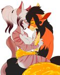  2017 black_fur black_hair breasts butt cheese duo ear_piercing featureless_breasts feline female food food_play fur green_eyes hair half-closed_eyes kira_(kirakitten) long_hair male male/female mammal messy nacho_cheese orange_fur piercing pink_fur ponytail red_fur simple_background smile stripes white_background white_fur white_hair zakyria 