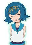  :p ^_^ arms_behind_back bangs bare_shoulders belt blue_hair blue_pants blue_sailor_collar blue_swimsuit blush breasts brown_hairband closed_eyes closed_mouth collarbone commentary_request crop_top hairband head_tilt highres kiri_(foxsnake) one-piece_swimsuit outline pants pokemon pokemon_(game) pokemon_sm sailor_collar shirt short_hair simple_background sleeveless sleeveless_shirt small_breasts solo suiren_(pokemon) swimsuit swimsuit_under_clothes tongue tongue_out trial_captain upper_body white_background white_shirt 