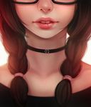  blurry braid brown_hair buck_teeth choker close-up depth_of_field freckles glasses head_out_of_frame lips long_hair magion02 ms.assistant solo twin_braids 