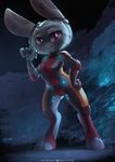  2017 anthro disney female gun holding_object holding_weapon judy_hopps lagomorph looking_at_viewer mammal rabbit ranged_weapon smile solo spacesuit weapon zero-sum zootopia 
