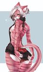  &lt;3 2017 anthro blush breasts butt clothed clothing feline female fur green_eyes hair hand_on_butt kira_(kirakitten) long_hair mammal open_mouth panties pink_fur psiara raised_tail red_fur side_boob solo speech_bubble stripes underwear virgin_killer_sweater white_fur white_hair 