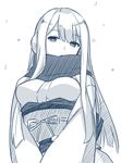  bangs breasts covered_mouth earmuffs expressionless eyebrows_visible_through_hair japanese_clothes long_hair looking_at_viewer medium_breasts monochrome original parted_lips scarf sidelocks simple_background sketch snowing solo upper_body yagi_(ningen) yukimi_(yagi) 