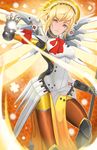  aegis_(persona) angel angel_wings armband bad_id bad_pixiv_id banned_artist blonde_hair bodysuit breasts cosplay dejaguar gloves highres looking_at_viewer mechanical_halo mechanical_parts mechanical_wings medium_breasts mercy_(overwatch) mercy_(overwatch)_(cosplay) overwatch parted_lips pelvic_curtain persona persona_3 robot_joints short_hair solo staff thighs wings 