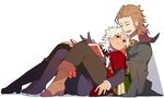  amakusa_shirou_(fate) beard brown_hair dark_skin dark_skinned_male facial_hair fate/apocrypha fate_(series) gloves hug looking_at_another male_focus multiple_boys silver_eyes simple_background smile tia_(cocorosso) white_background white_hair william_shakespeare_(fate) yaoi 