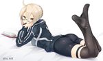  ahoge artoria_pendragon_(all) ass bangs black-framed_eyewear black_legwear blonde_hair book braid closed_mouth crossed_legs fate/grand_order fate_(series) food_in_mouth french_braid glasses hair_between_eyes highres hood hooded_track_jacket jacket kitkat looking_at_viewer looking_back lying mitsumori_(an_mrz) mouth_hold mysterious_heroine_x_(alter) no_shoes on_stomach open_book over-kneehighs semi-rimless_eyewear short_hair sidelocks solo thighhighs track_jacket twitter_username under-rim_eyewear 