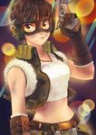  :/ abstract_background alternate_costume alternate_hair_length alternate_hairstyle arm_at_side artist_name breasts brown_eyes brown_gloves brown_hair closed_mouth crop_top d.va_(overwatch) dirty dirty_face earmuffs elbow_gloves fringe_trim fur-trimmed_shirt gloves goggles gun hand_up high_collar holding holding_gun holding_weapon junker_d.va lens_flare lips looking_at_viewer medium_breasts midriff navel overwatch peyo_han pout shirt short_hair signature sleeveless sleeveless_shirt solo stomach trigger_discipline upper_body weapon white_shirt 