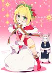  1girl ahoge alternate_costume antenna_hair bag cape fate/apocrypha fate/extra fate_(series) full_body hat koshiro_itsuki long_hair looking_at_viewer nero_claudius_(fate) nero_claudius_(fate)_(all) one_eye_closed santa_costume santa_hat santa_lily short_hair smile translation_request vlad_iii_(fate/apocrypha) younger 