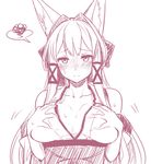  3: animal_ears bangs blush bow breasts closed_mouth collarbone commentary_request eyebrows_visible_through_hair fox_ears fox_girl hair_bow hair_intakes hair_ribbon hands_on_own_chest japanese_clothes kimono large_breasts long_hair looking_at_viewer monochrome original revision ribbon simple_background sketch sleeveless sleeveless_kimono solo spoken_squiggle squiggle tamamo_(yagi) upper_body yagi_(ningen) 