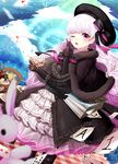  ;o ace alice_in_wonderland bad_id bad_pixiv_id bangs beret black_bow black_capelet black_dress black_hat black_neckwear blanket blush book bow bowtie buttons capelet card cherry cheshire_cat chocolate clock clover club_(shape) cup day dessert diamond_(shape) doll_joints dress dutch_angle elbow_gloves eyebrows_visible_through_hair falling_card fantasy fate/extra fate_(series) food frilled_dress frilled_sleeves frills fruit fur-trimmed_capelet fur_trim gloves grin hair_bow hand_up hat heart highres holding holding_cup index_finger_raised lepoule light_particles light_rays long_hair looking_at_viewer motion_blur multicolored_bow mushroom nursery_rhyme_(fate/extra) one_eye_closed open_mouth pancake petticoat picnic pink_bow pink_eyes pink_hair pink_neckwear plate playing_card pudding red_string shiny shiny_hair smile solo spill standing strap string striped striped_bow striped_neckwear stuffed_animal stuffed_bunny stuffed_toy sunlight tea teacup teddy_bear tree very_long_hair wavy_hair wooden_chair wooden_table yellow_eyes 