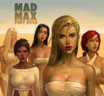  5girls black_hair blonde_hair blue_eyes brown_hair cleavage green_eyes mad_max multiple_girls nipples red_hair 