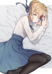  artoria_pendragon_(all) bangs bed_sheet black_legwear blouse blue_ribbon braid character_doll closed_mouth commentary_request emiya_shirou fate/stay_night fate_(series) french_braid green_eyes hair_bun hair_intakes hair_ribbon high-waist_skirt long_legs long_sleeves looking_at_viewer lying on_side pantyhose ribbon saber sidelocks skirt smile solo white_blouse yuno_tsuitta 