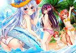  :d akatsuki_(kantai_collection) aqua_hair arm_up armpits ass bare_arms bare_legs bare_shoulders barefoot beach bikini blue_eyes blush bow chestnut_mouth collarbone day embarrassed eyebrows_visible_through_hair flat_chest flower from_below hair_between_eyes hair_bow hair_flower hair_ornament hand_up hat hat_ribbon hibiki_(kantai_collection) highres ikazuchi_(kantai_collection) inazuma_(kantai_collection) innertube kantai_collection leaning_forward lens_flare light_rays long_hair looking_at_viewer looking_back multiple_girls navel open_mouth orange_bikini orange_bow orange_eyes orange_hair outdoors palm_tree pink_bikini pink_bow polka_dot_ribbon purple_eyes purple_hair ribbon rouka_(akatyann) sand_sculpture shiny shiny_skin shore side-tie_bikini silver_hair sitting smile straw_hat sunbeam sunlight swimsuit tree untied untied_bikini wading wariza water_drop wet 