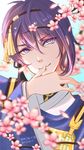  blue_eyes blue_hair blurry branch cherry_blossoms depth_of_field japanese_clothes male_focus mikazuki_munechika petals sayagata smile touken_ranbu upper_body zdl_xiaobai 