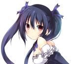  bare_shoulders black_hair blush breasts hair_ornament hair_ribbon hinata_yuu_(atelierhinata) long_hair looking_at_viewer medium_breasts neptune_(series) noire red_eyes ribbon solo twintails 