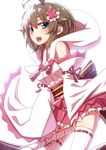  akazukin_(mary_skelter) alternate_costume bare_shoulders blush brown_hair coat detached_sleeves fur_trim green_eyes hair_ornament mary_skelter mizunashi_(second_run) nontraditional_miko open_mouth ribbon_trim short_hair smile solo wide_sleeves 