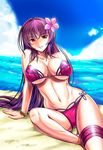  anklet arm_support bangs beach bikini blush bracelet breasts cameltoe cleavage cloud collarbone commentary_request day fate/grand_order fate_(series) flower hair_flower hair_ornament heart_ring_top hibiscus highres jewelry kumoi_takashi large_breasts long_hair looking_at_viewer navel ocean outdoors parted_lips purple_bikini purple_hair red_eyes sarong scathach_(fate)_(all) scathach_(swimsuit_assassin)_(fate) sitting smile solo sweat swimsuit thigh_strap underboob very_long_hair 